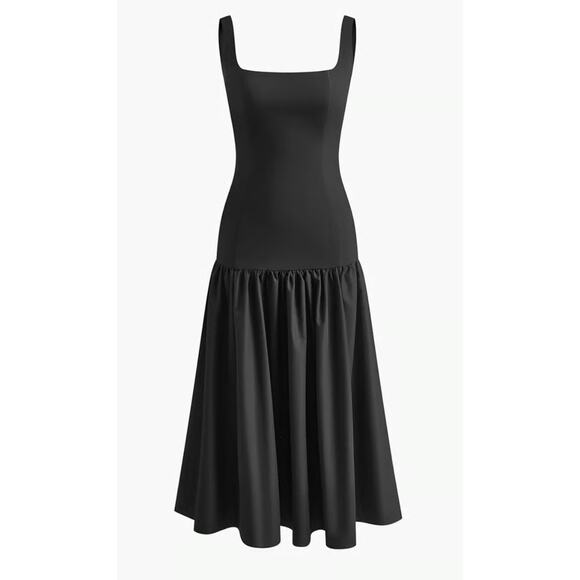 Commense Whimsigoth Timeless Elegent Black Drop Waist Square Neck Midi Dress L - Picture 1 of 12